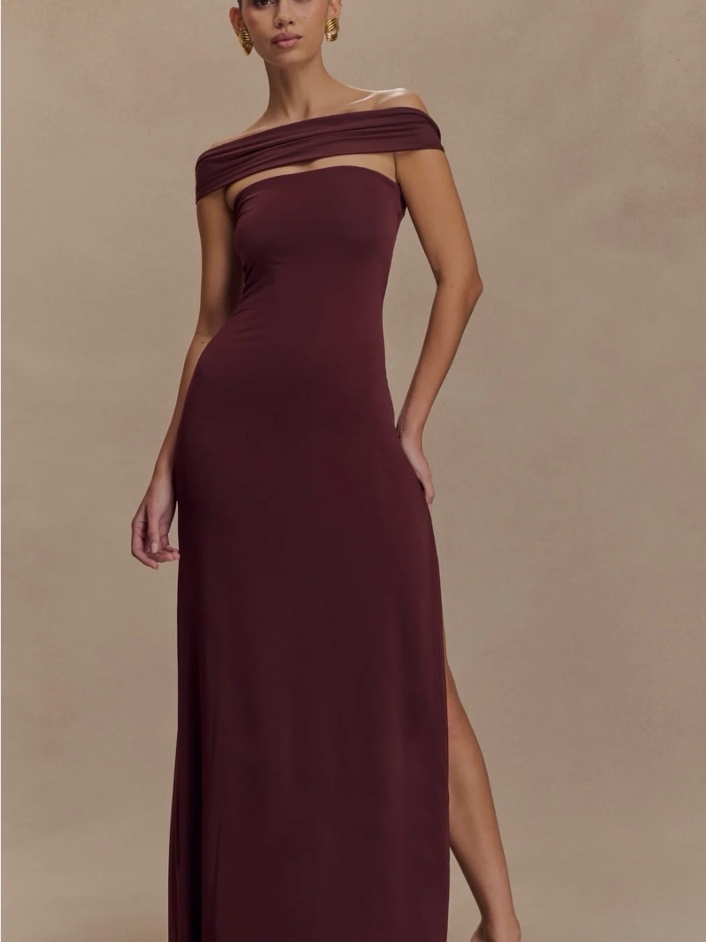 Meshki  Burgundy Evening Gown with Side Slit - Picture 7 of 7